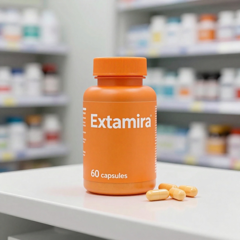 Extamira - supliment natural în capsule pentru îmbunătățirea circulației sanguine și susținerea funcțiilor fiziologice, ambalat în cutie elegantă pe fundal neutru